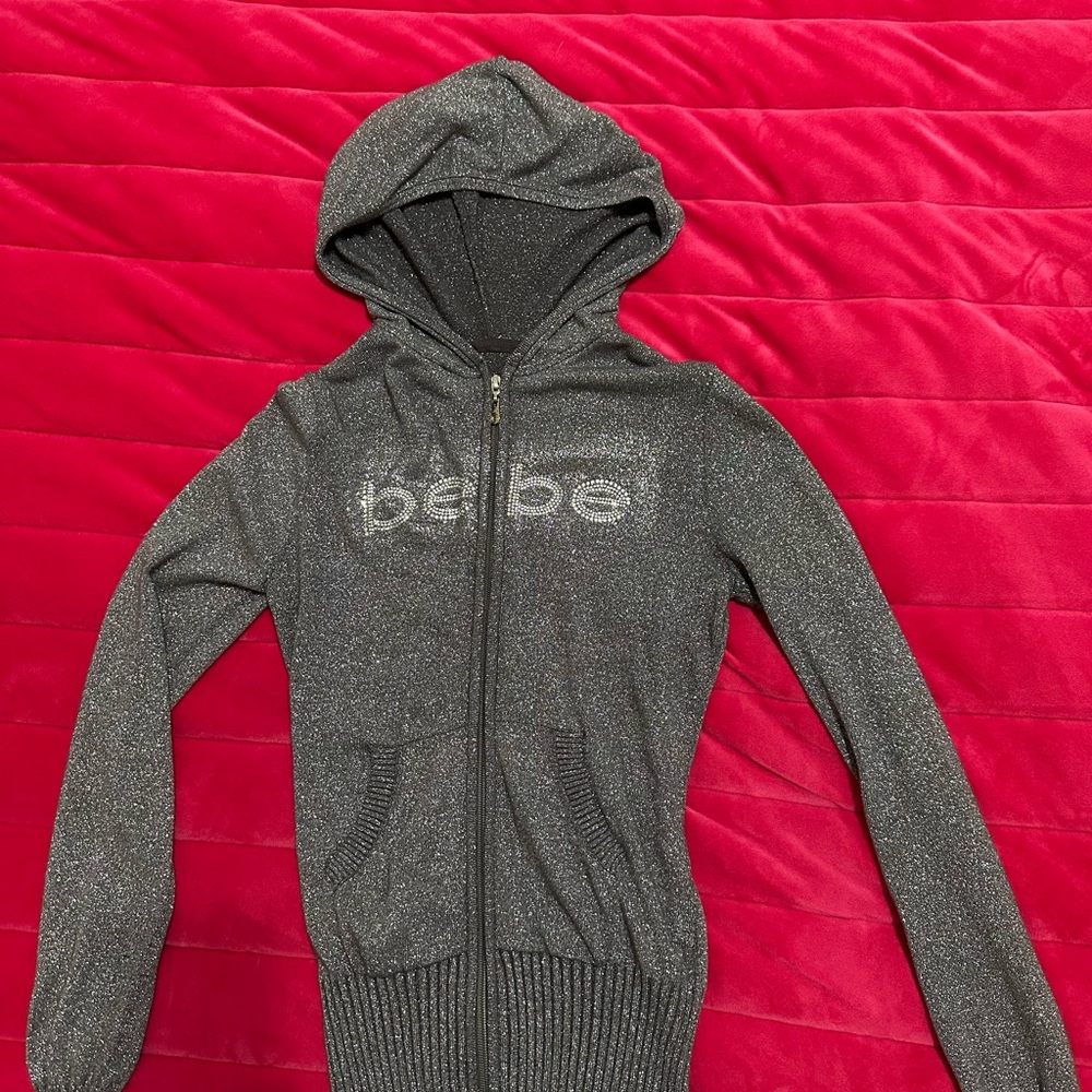 Bebe women’s metallic grey Hooded sweater zip up sweater